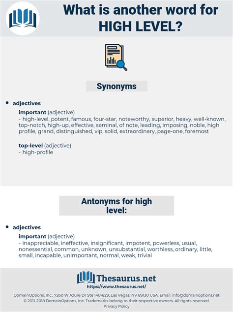 20 High level synonyms. What are another words for High level? High-ranking, high-level, exalted, supernal. Full list of synonyms for High level is here.. 