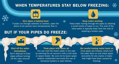 At what temp do pipes freeze. Turn on at least one faucet so it releases a slow drip so cold water is constantly flowing through the pipes. Leave kitchen and bathroom cabinets open to allow the warmer air from inside the house to circulate around the pipes. Maintain the same temperature inside your house day and night at above 55 degrees F. 