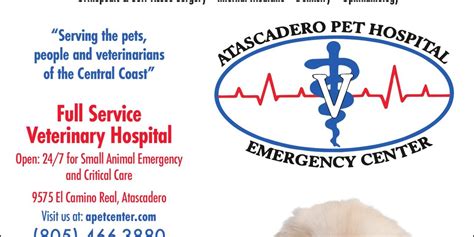 Atascadero pet hospital. Atascadero Pet Hospital & Emergency Center. Address: 9575 El Camino Real, Atascadero, CA 93422. Phone: (805) 466-3880 Website: apetcenter.com. Contact Info. 2404 Loomis St. San Luis Obispo, CA 93405. Phone: (805) 543-0956. Hours. Appointment Hours Monday - Friday 8:00am - 5:00pm Phone Hours 