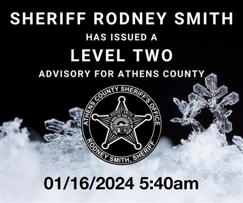 Contact your employer to see if you should report to work. Motorists should use extreme caution. Level Three Emergency (issued by the Athens County Sheriff in collaboration with ODOT, Athens County Engineer, and Township Trustees): All roadways are closed to non-emergency personnel. No one should be driving during these conditions unless it is .... 