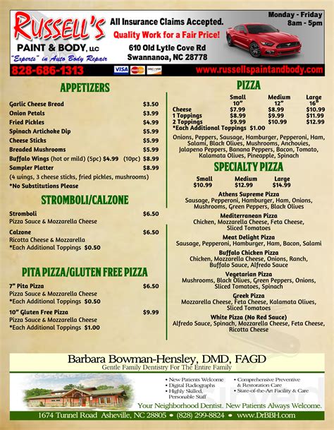 #5 of 5 pizza restaurants in Swannanoa . Upload menu. Menu added by the restaurant owner June 08, 2019. Menu. Large Specialty Pizzas. Super Cheese. $18.00. Mozzarella, aged Romano, Parmesan, cream cheese and Cheddar. Toppings: Grilled Chicken $1.29, Onions $1.29, Canned Mushrooms $1.29, Pineapple $1.29, Kale $1.29 ... Athens Pizza …