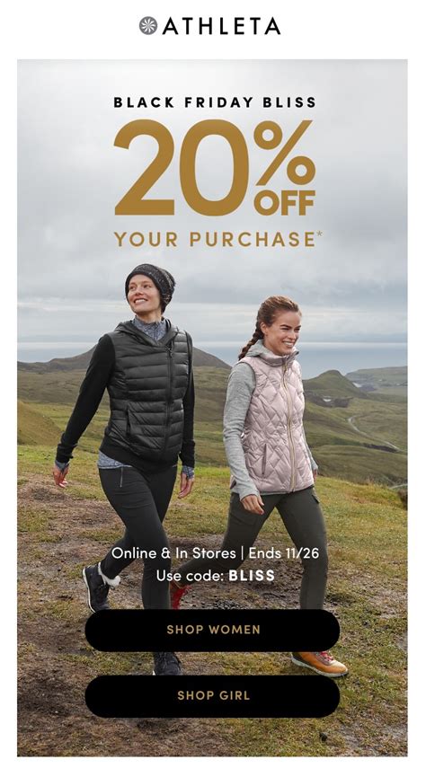 Athleta black friday. Shop timeless pieces, expertly crafted for Men, Women, and Baby, from stocking stuffers and matching outfits for the family, to luxury gift ideas for her, discover a world of consciously crafted clothing and accessories with Black Friday and Cyber Monday doorbuster deals to make holiday shopping effortless. 