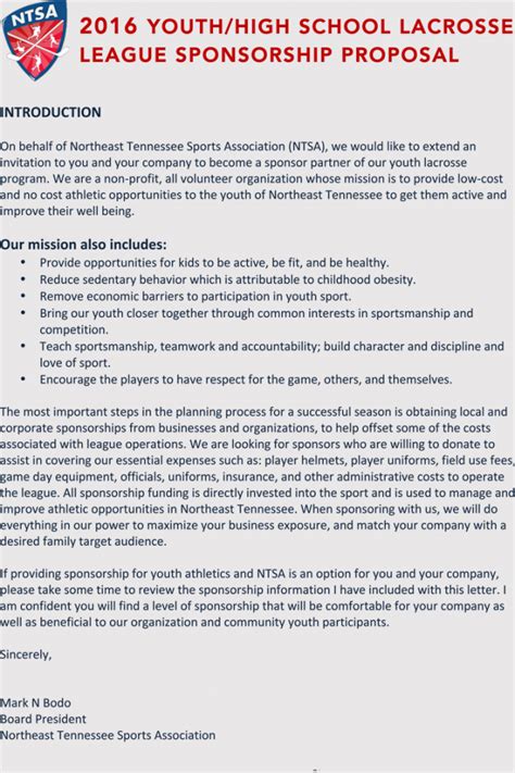 Athlete sponsorship proposal. Attach a Sponsorship Level Document. Interested corporate prospects will want to know exactly what their sponsorship options are. An attached sponsorship level document shows professionalism and makes the process easier for busy corporate sponsors. Download this letter plus 16 more of our best templates for free! 3. 