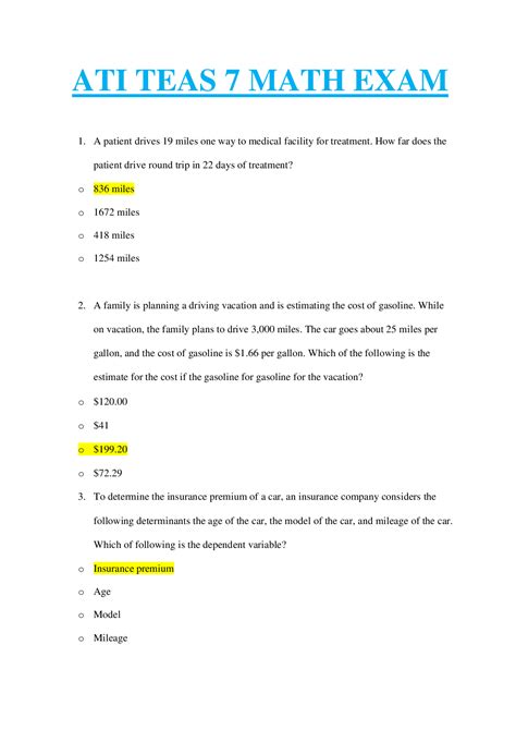 Ati Teas Math Practice Test