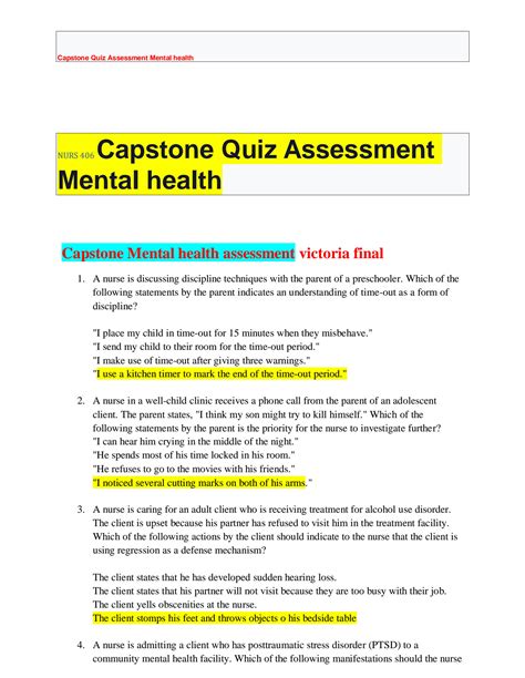 Ati capstone mental health post study quiz. NR 305 HESI QUESTIONS and Answers. NURS 6501N Week 7 Quiz Set 1 with Answers. MATH 225 Week 8 Final Exam with Answers. NURS 6501 Week 10 Quiz. NURS-6501N-21,Advanced Pathophysiology Week 10 Quiz. POLI 330N Week 8 Final Exam 1 with Answers. MATH 225N Week 2 Statistics Quiz 2020. NURSING ATI. NURS 358. 