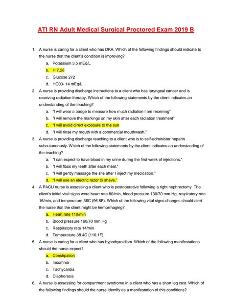 Ati med surg proctored 2019. Observation Guide Operating Room Purpose of the Observation Activity 1. To gain an overview of the Operating Room 2. To observe principles of asepsis in the Operating Room 3. To distinguish among roles of various members of the Operating Room Preparation. ATI 265. Galen College of Nursing. 