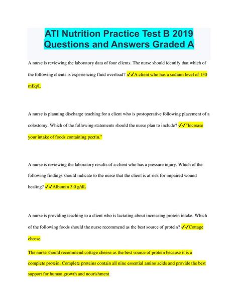 Study with Quizlet and memorize flashcards containing terms like A nurse is reviewing the laboratory data of four clients. The nurse should identify that which of the following clients is experiencing fluid overload?, A nurse is planning discharge teaching for a client who is postoperative following placement of a colostomy. Which of the following statements should the nurse plan to include .... 