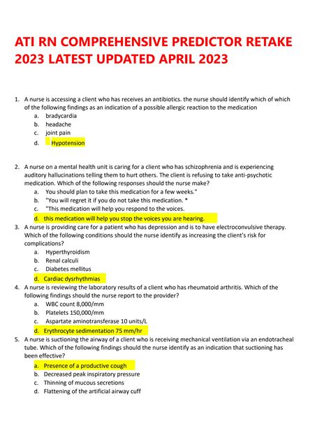 Ati predictor scores 2023. ATI PN COMPREHENSIVE. PN comprehensive predictor practice B [2023] A nurse at a long-term care facility is caring for a client who requires oral suctioning. Which of the following supplies should the nurse plan to use for this task? - CORRECT ANSWER yankeurs catheter rationale: A Yankauer catheter is a... [Show more] Preview 3 out of 30 pages. 