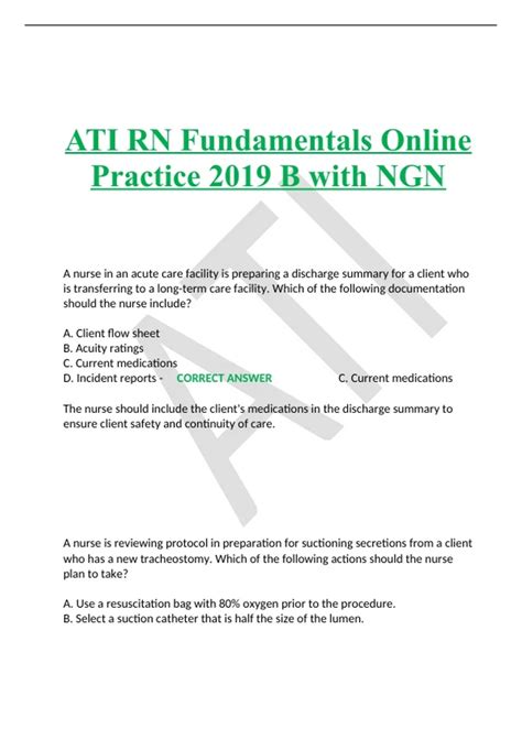 ATI RN Fundamentals Online Practice 2019 Test B/ Guaranteed A+Guide Course ATI RN FUNDAMENTALS Institution Chamberlain College Of Nursing ATI RN Fundamentals Online Practice 2019 Test B/ Guaranteed A+Guide/Questions&Answers Preview 3 out of 22 pages Report Copyright Violation Exam (elaborations) $9.99 Add to cart Add to wishlist. 