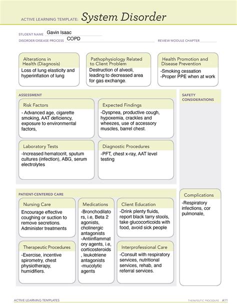 Disorder COPD - Active Learning Template. Care Management 2 (NUR 3219C) Assignments. 100% (48) 1. ... medication list NUR 103 ATI. Preview text. ACTIVE LEARNING TEMPLATES THERAPEUTIC PROCEDURE A. System Disorder.. 