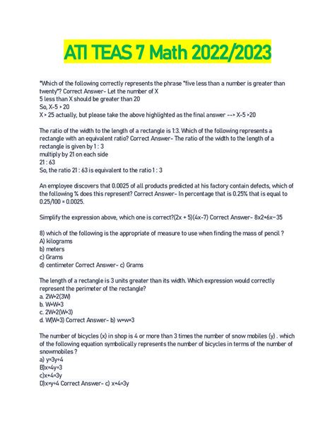 Ati teas 7 math quizlet 2023. Study with Quizlet and memorize flashcards containing terms like 1. Solve the equation for the value of x 7x - 6 = 3x - 26, What is the product of 5/8 x 18/4 ( rounded to the nearest ten thousandth, Four friends are sharing a pizza . One friend eats half of the pizza . The other three equally divide the rest among themselves . What portion of the pizza did each of the three friends receive ... 