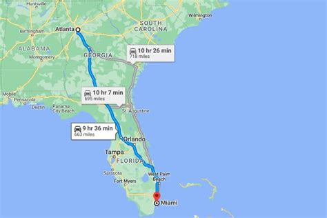Distance from Atlanta, GA to Miami, FL. There are 606.39 miles from Atlanta to Miami in southeast direction and 663 miles (1,067.00 kilometers) by car, following the I-75 S route. Atlanta and Miami are 9 hours 44 mins far apart, if you drive non-stop . This is the fastest route from Atlanta, GA to Miami, FL . The halfway point is Gainesville, FL..