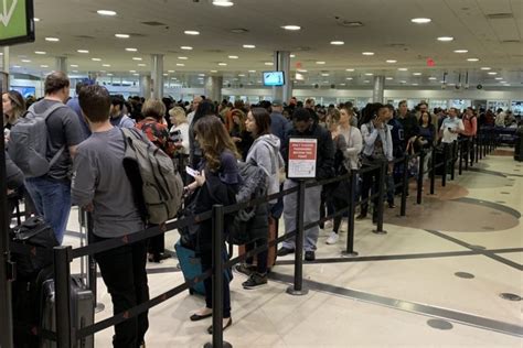 Passengers moving through the security checkpoint