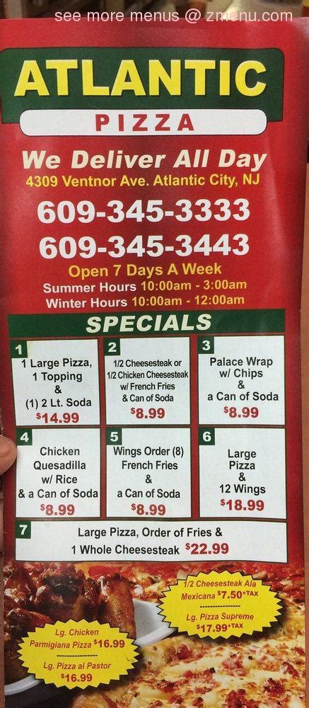 Atlantic pizza. Get a large 1 topping pizza and wings for just $22.99! web ordering code: PizzaWings Lunchbox Special Every Day Deal. Get any 8″ sandwich, drink, and soup of the day or chips for just $12.99! Make it a 12″ sandwich for just $13.99 ... 