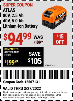 Buy the ATLAS 80V, 4.0 Ah and 40V, 8.0 Ah Lithium-Ion Battery (Item 58958) for $219.99 with coupon code 52590485, valid through September 17, 2023. See the coupon for details. Compare our price of $219.99 to KOBALT at $299.00 (model number: KB 580-06). Save $79 by shopping at Harbor Freight.. 