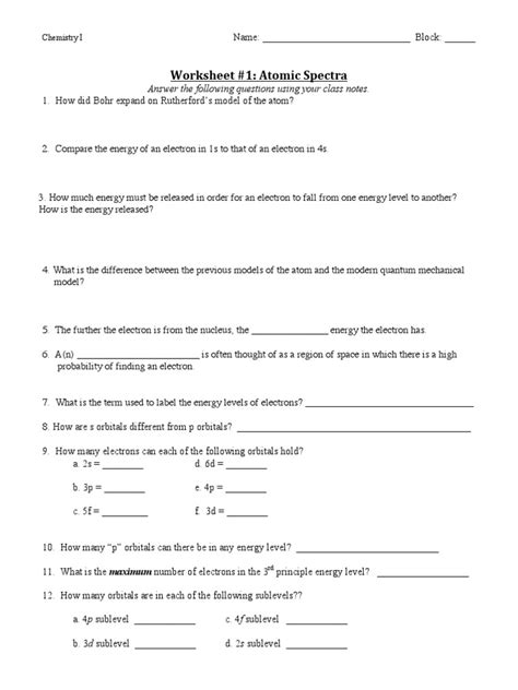 Atomic Spectra Worksheet Answer Key 0506 PDF