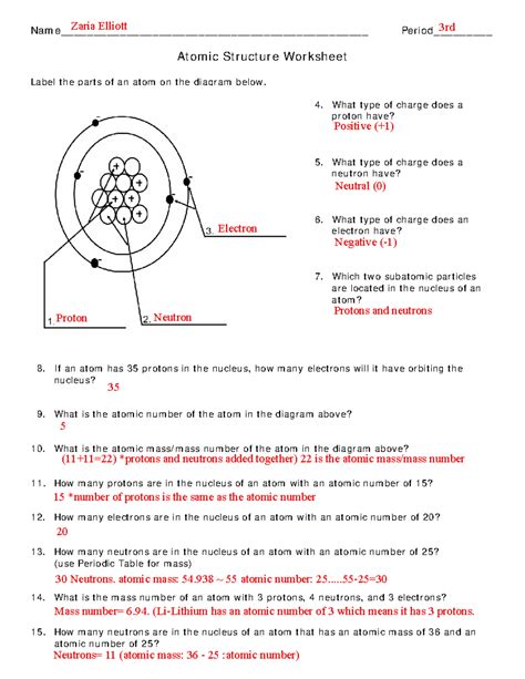 Atomic Structure Worksheet Answer Key Atomic Structure Worksheet