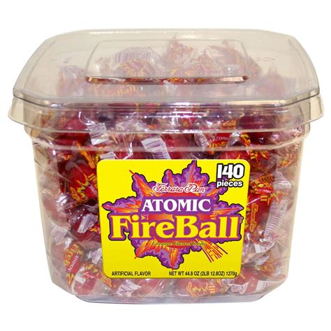 Now for the true Atomic Fireball fan, this 5-pound bag brings an endless amount of heat. Pop one of these old-timey treats in your mouth and enjoy the heat to come. They make a great gift for your daring friends that love a little spice in their lives. Individually wrapped. specs. Made in USA. See label photo for ingredients and nutrition facts.. 