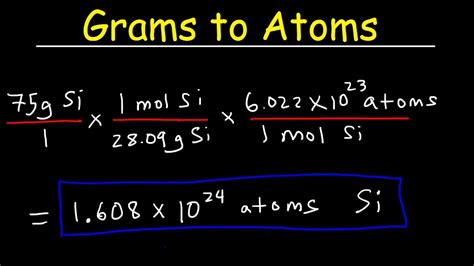 Atoms to grams calculator. AboutTranscript. One mole of a substance is equal to 6.022 × 10²³ units of that substance (such as atoms, molecules, or ions). The number 6.022 × 10²³ is known as Avogadro's number or Avogadro's constant. The concept of the mole can be used to convert between mass and number of particles.. Created by Sal Khan. 