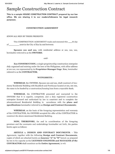 Atty. Manuel J. Laserna Jr.: Sample Construction Contract