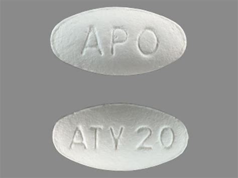 20 mg Each white, oval, film-coated tablet, embossed with "APO" on one side and "ATV20" on the other, contains atorvastatin 20 mg. Nonmedicinal ingredients: calcium acetate, croscarmellose sodium, sodium carbonate, microcrystalline cellulose, magnesium stearate, colloidal silicon dioxide, hydroxypropyl methylcellulose, hydroxypropyl cellulose, …