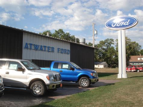 Atwater ford. Atwater Ford, Inc. Buy a used or certified car in Minnesota from Atwater Ford, Inc. car dealer. Location: 507 Pleasant Avenue, Atwater, MN 56209. Phone: (320) 974-8811. Website: www.atwaterford.com. Atwater Ford, Inc. is a dealership that provides used cars for sale in Atwater, Minnesota. They have been in business for 65 years and are a family ... 