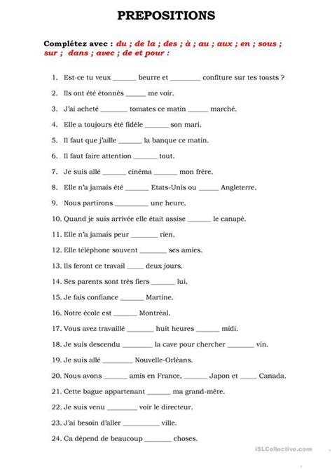 Au aux du des exercices.  B.  Compl&eacute;tez les phrases avec la pr&eacute;pos...