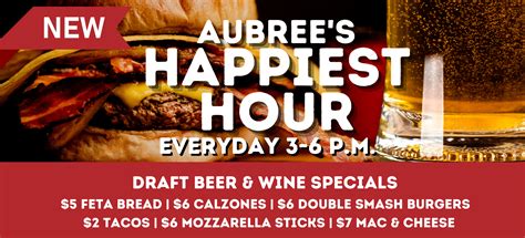 🎊 WE MADE IT TO THE WEEKEND! 🎊. Aubree's Happy Hour Starts Now! (3-6 P.M.) $6 Bird Bath Cocktails, $5.50 Premium Beers, $3 Domestic Beers, and Wine Wine Wine! Join us at Aubree's this weekend for some laughs, fun, and memories.. 