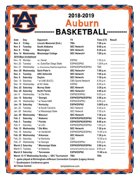 Auburn Basketball Schedule Printable