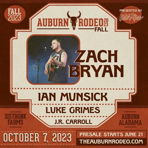 Auburn rodeo 2023. Date: October 7th, 2023 Featuring artists Zach Bryan, Ian Munsick, Luke Grimes, and J.R. Carroll, the Auburn Rodeo will be an all-day event full of the best country music the Loveliest Village on The Plains has ever seen. 