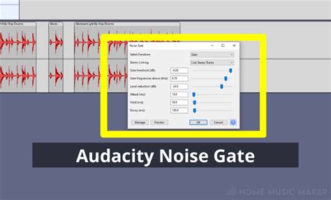 Audacity noise gate.  Select Function: Gate Stereo Linking: Link Stereo Tracks Apply Lo...