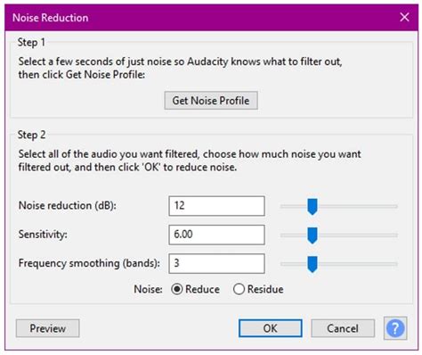 Audacity noise reduction best settings.  Learn how to capture a noise profile, adjust reduction ...