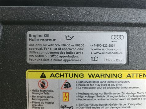 Audi q5 oil type. Hey folks, I am a little confused on which type of oil viscosity the 2018 Audi Q5 requires. Under the hood it says 50400 or 50200, but doesn't say which type (5w-30, 0w-30 etc). I even checked the manual, under the oil section all it says is audi recommends "Castrol edge professional" again no viscocity. 