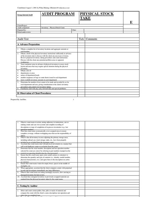 Audit Program Physical Inventory Inventory Invoice