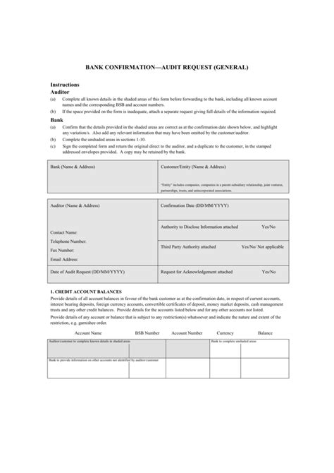 Audit confirmation request form.  Bank Confirmation – Audit Request (General) Bank Confirmation ...