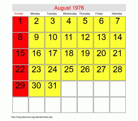 Aug 1976 Calendar