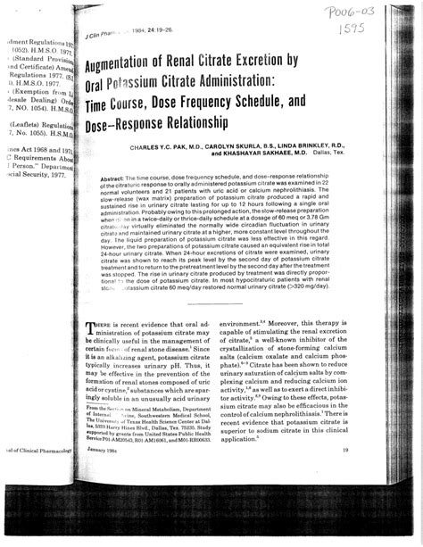 Augmentation of renal citrate excretion by oral potassium citrate ...