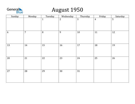 August 1950 Calendar PDF Word Excel
