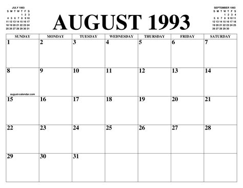 August 1993 Calendar