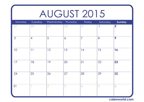 August 2015 Printable Calendar « Printable Hub