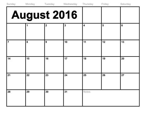 August 2016 Calendar Printable Template