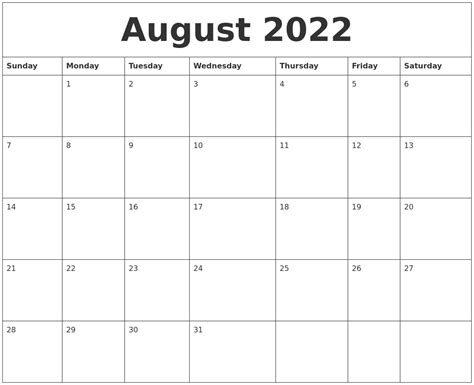 August 2022 Calendar Editable
