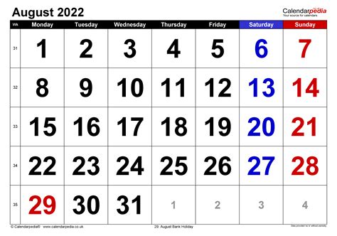 August 2022 Calendar Excel