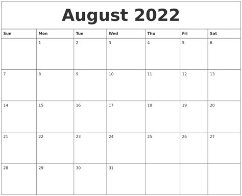 August 2022 Calendar Printable Pdf