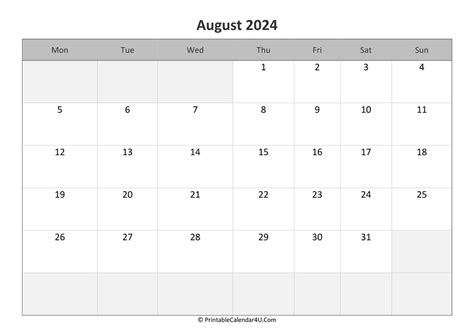 August 2024 Calendar PDF Word Excel