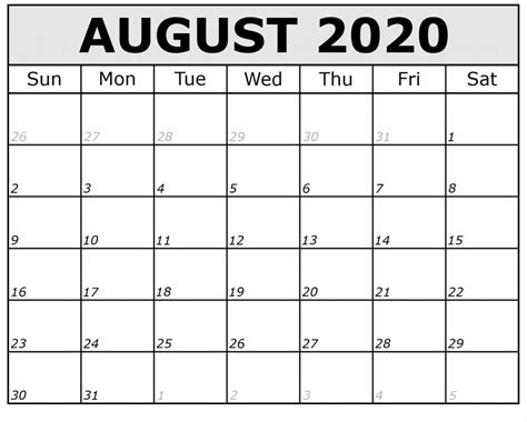 August Calendar Template