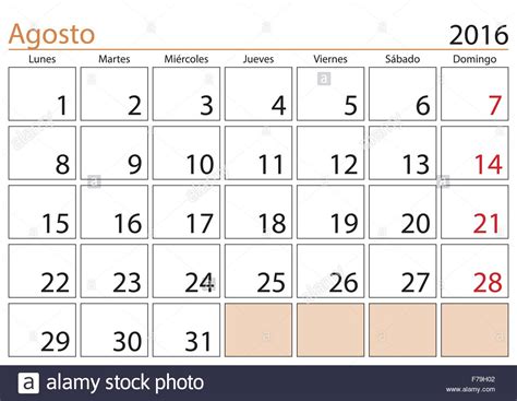 August month in a year 2016 calendar in spanish. Agosto 2016 Stock