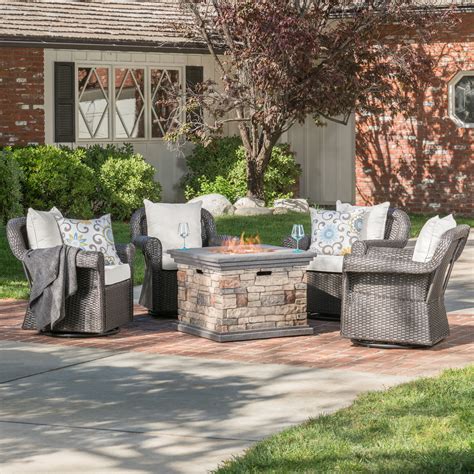 Augusta Outdoor 5 Piece Wicker Rocker and Gas Firepit Set