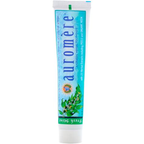 Auromere - Description. Made from pure mint oils for a refreshingly cool, clean taste. Contains 23 special herbal extracts for optimum oral hygiene, including Neem and Peelu. Super concentrated formula! Each tube lasts 3x longer than regular toothpaste. Non-GMO. Fluoride-free. Vegan / cruelty-free. Gluten-free.