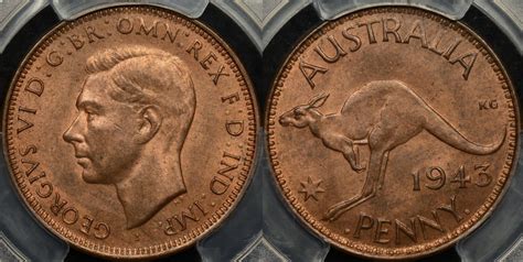 A full red uncirculated 1943 penny from the Melbourne, Perth, or Bombay Mint is worth up to $250. As usual you’re likely to see higher values for top graded PCGS certified 1943 pennies rather than raw ungraded coins. USA 1943 Copper Wheat Penny (Image courtesy of Heritage Auctions) .. 